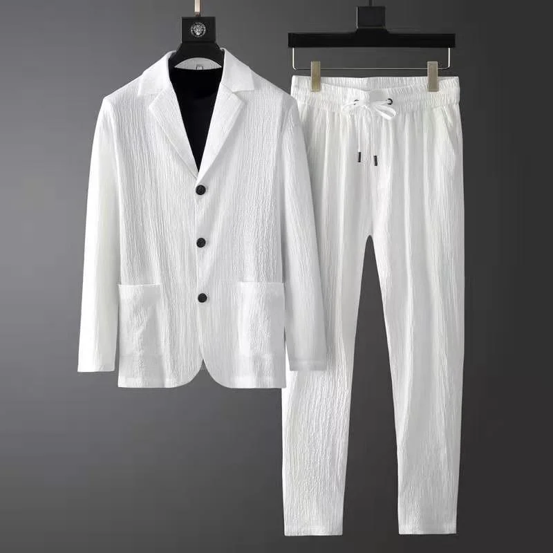 Весенне-летний Новый Модный костюм, Мужской Повседневный костюм высокого класса с длинным рукавом в корейском Стиле, Тонкий Красивый Комплект из двух предметов, Белый Черный блейзер, брюки