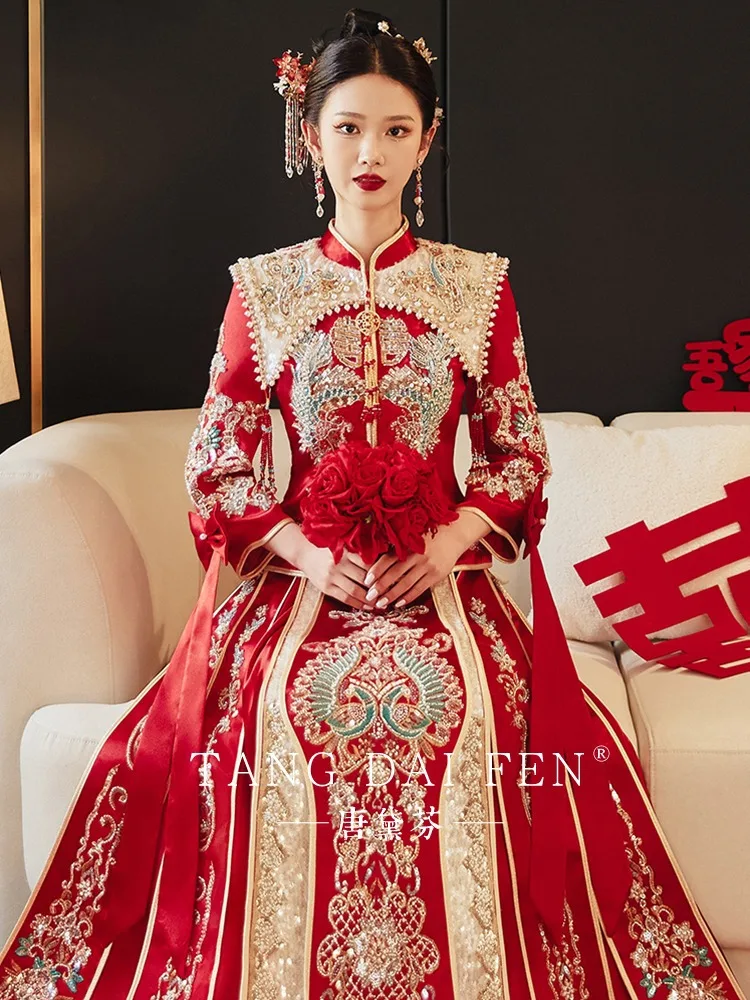 Вечернее платье Для Новобрачных В китайском стиле, расшитое блестками и бисером, Свадебное платье, Одежда для Тостов Cheongsam