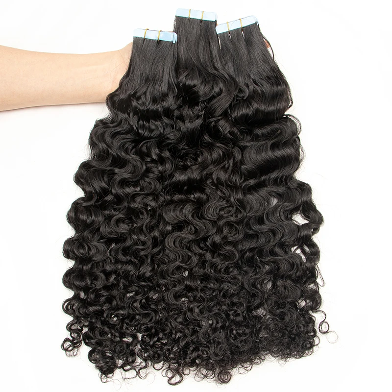 Водная Волнистая Лента Для Наращивания человеческих Волос Remy Curly skin уточная Лента Для Наращивания Волос #1B 20 шт./упак.