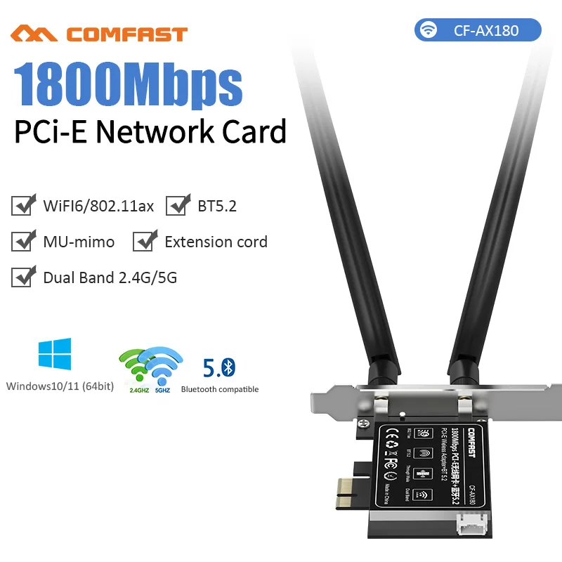 Высокоскоростной WiFi 6 PCi E MT7921 2,4 G/5G Двухдиапазонный Беспроводной адаптер 1800 Мбит/с PCI-E Wi-Fi Bluetooth 5,2 WIFI Карта Настольный Win10/11