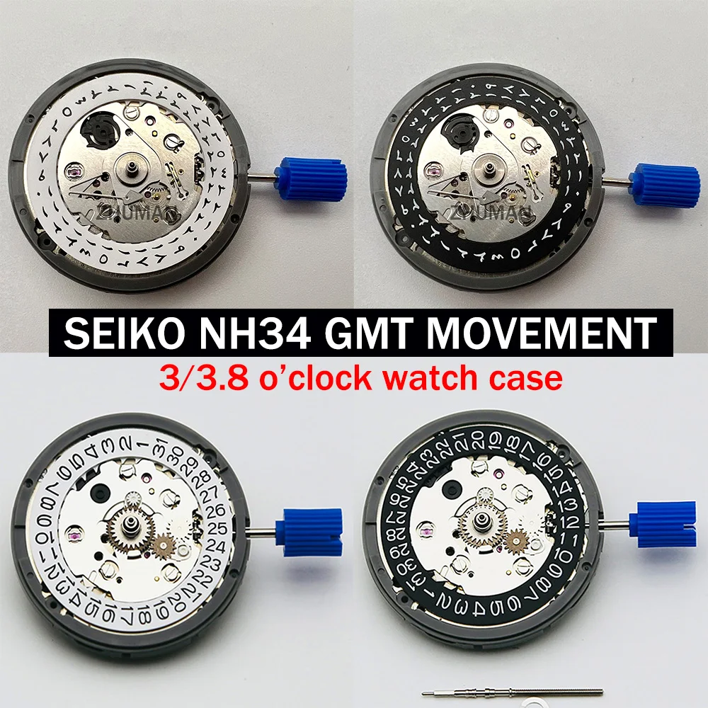 Высокоточный механизм Seiko NH34 NH34A с 4 стрелками, Функция GMT, черно-белый календарь, 3/3,8 Заводная головка, Механизм автоматического перемещения