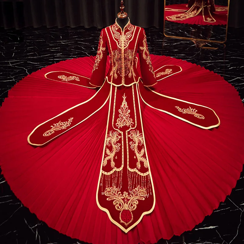 Вышивка Феникса Бисером, Кисточка, Велюр, Традиционное китайское Свадебное платье Жениха и невесты Чонсам, Vestito Da Sposa