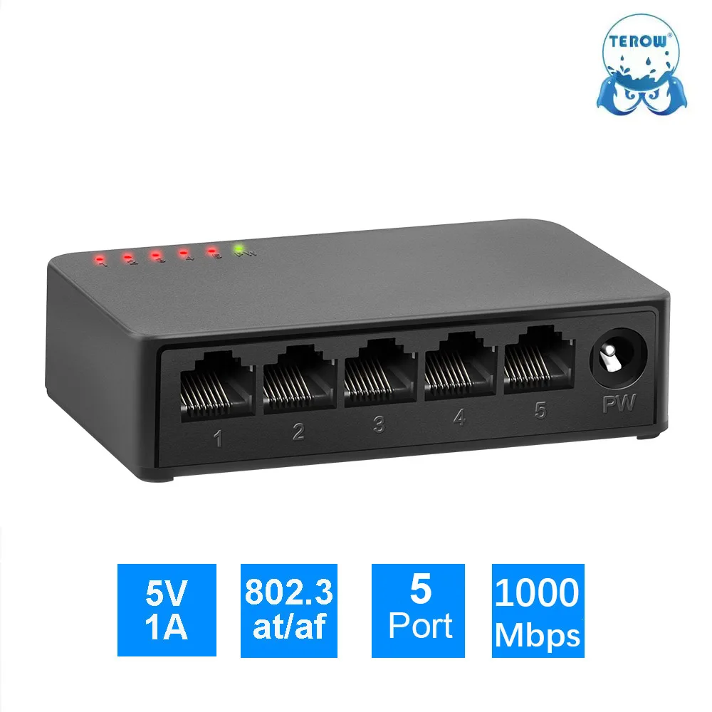 Гигабитный коммутатор TEROW 5 портов 100 Мбит/с или 1000 Мбит/с сети 802.3AT/AF Ethernet RJ45 для IP-камеры/беспроводной точки доступа/видеонаблюдения