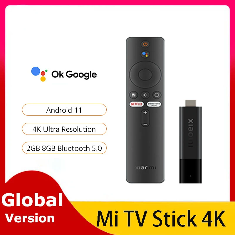 Глобальная версия Xiaomi Mi TV Stick 4K Android 11 Портативные Потоковые мультимедиа 2 ГБ 8 ГБ Многоязычный 360 Bluetooth пульт дистанционного управления