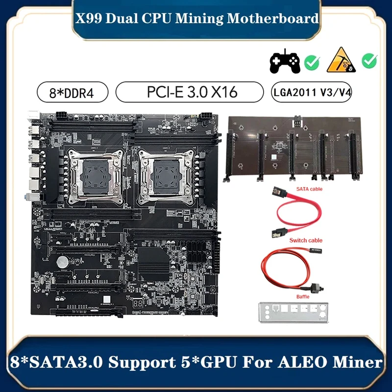 Двойная материнская плата X99 + Перегородка + Кабель переключения + Кабель SATA Поддерживает 5 GPU LGA2011 V3/V4 8XDDR4 Слот для оперативной памяти PCIE 16X SATA3.0