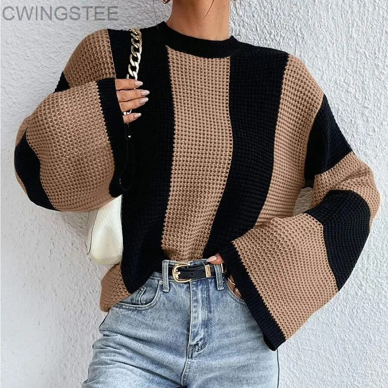 Демисезонный Модный шикарный вязаный свитер, топ в полоску с круглым вырезом и расклешенными рукавами, Свободный пуловер, Пальто, Женский трикотаж