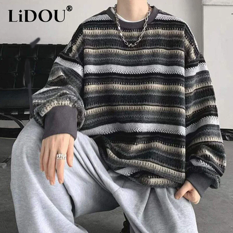Демисезонный Полосатый повседневный свитер в стиле хип-хоп, мужская уличная одежда в стиле Харадзюку, Корейские топы, модный пуловер Ropa De Hombre