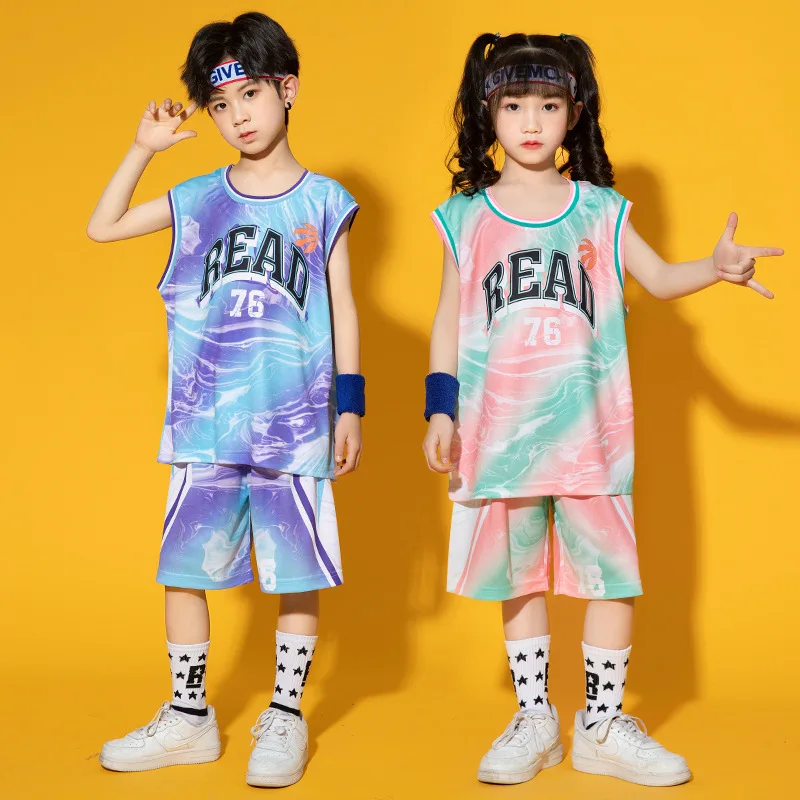Детская одежда в стиле хип-хоп, быстросохнущая баскетбольная майка с принтом, Летние шорты для девочек и мальчиков, костюм для джазовых танцев, комплект одежды