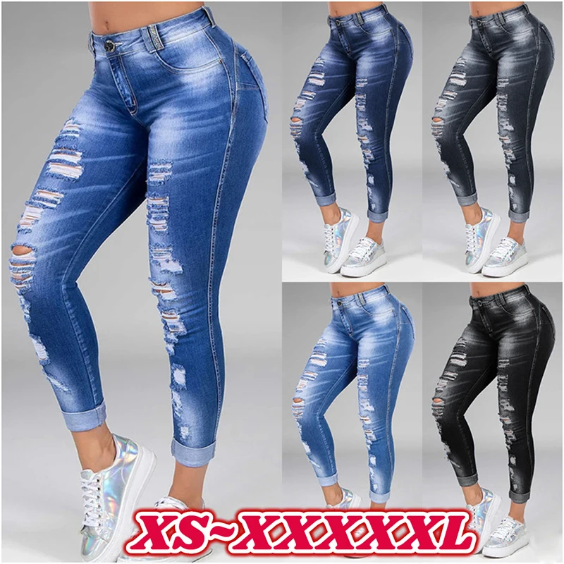 Джинсы с лацканами, женские большие размеры S-5XL, Брюки с высокой талией, узкие джинсы, черные Синие полые отбеленные брюки-карандаш