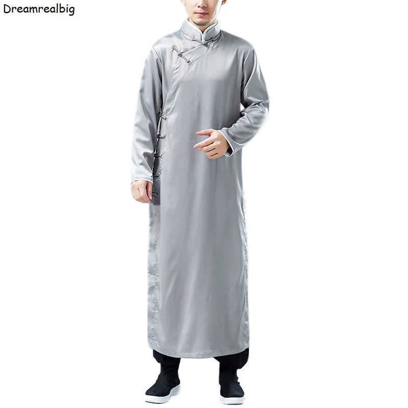 Длинный Мужской атласный халат в традиционном китайском стиле Со стоячим воротником и застежкой в виде лягушки сбоку