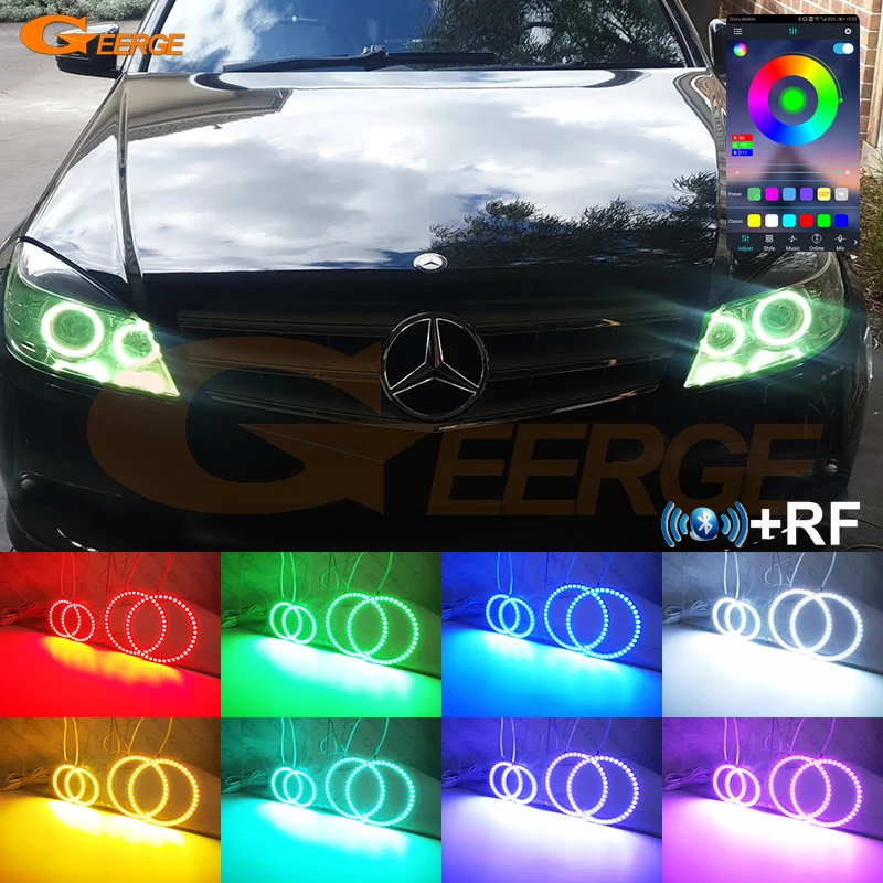 Для MERCEDES BENZ C Class W204 C280 C300 C350 C63 Радиочастотный пульт дистанционного Управления с Bluetooth-Совместимым приложением, Многоцветные RGB светодиодные кольца Angel Eyes Halo