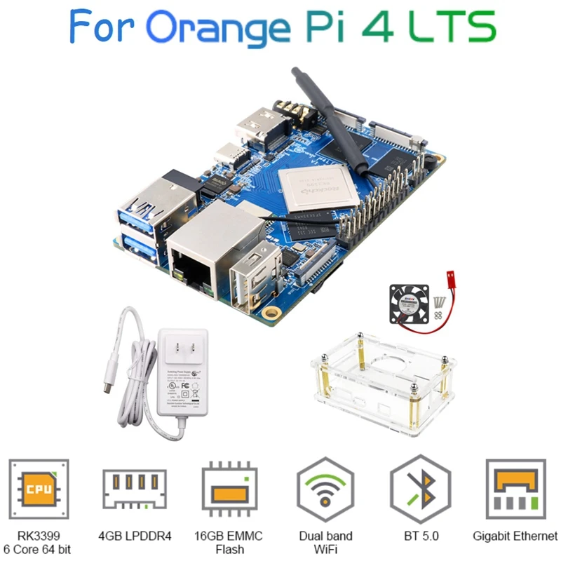 Для Orange Pi 4 LTS 4GB Rockchip RK3399 16GB EMMC Плата разработки + Блок питания 5V4A + Акриловый корпус + Вентилятор охлаждения