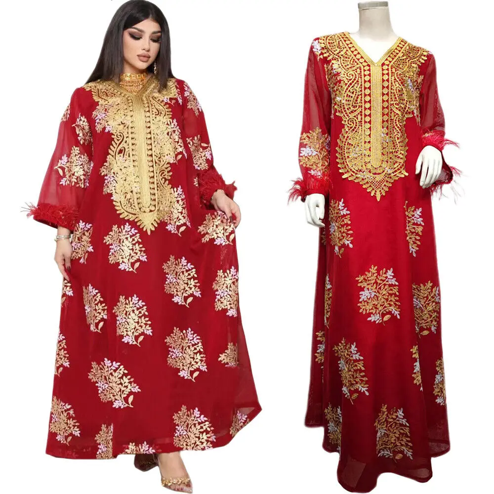 Дубайское женское Мусульманское платье Макси-Абайя с Вышивкой, Марокканский кафтан, халат Джилбаб