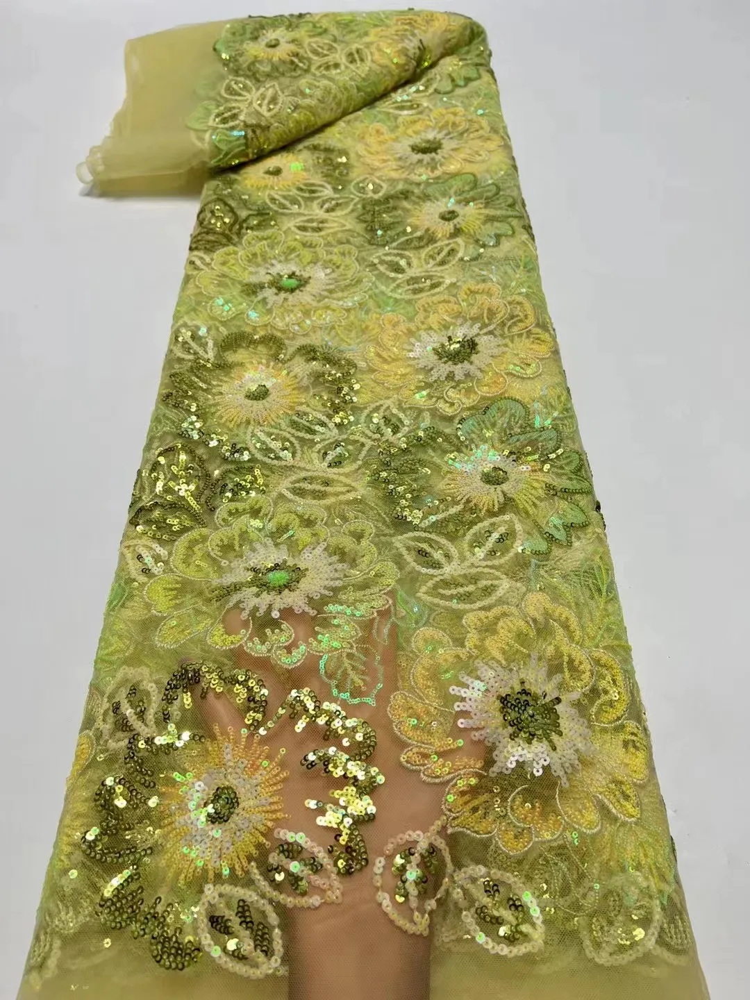 Желтая Африканская кружевная ткань 2023 Высокого качества, 5 ярдов, вышивка 3D Блестками, Кружевная ткань Для Нигерийского свадебного платья, Вечерние женские