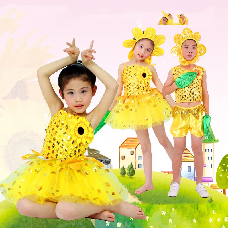 Желтый танцевальный костюм Подсолнуха для детей, школьная одежда для танцев с цветами, костюм растения, фестивальная одежда для выступлений на сцене