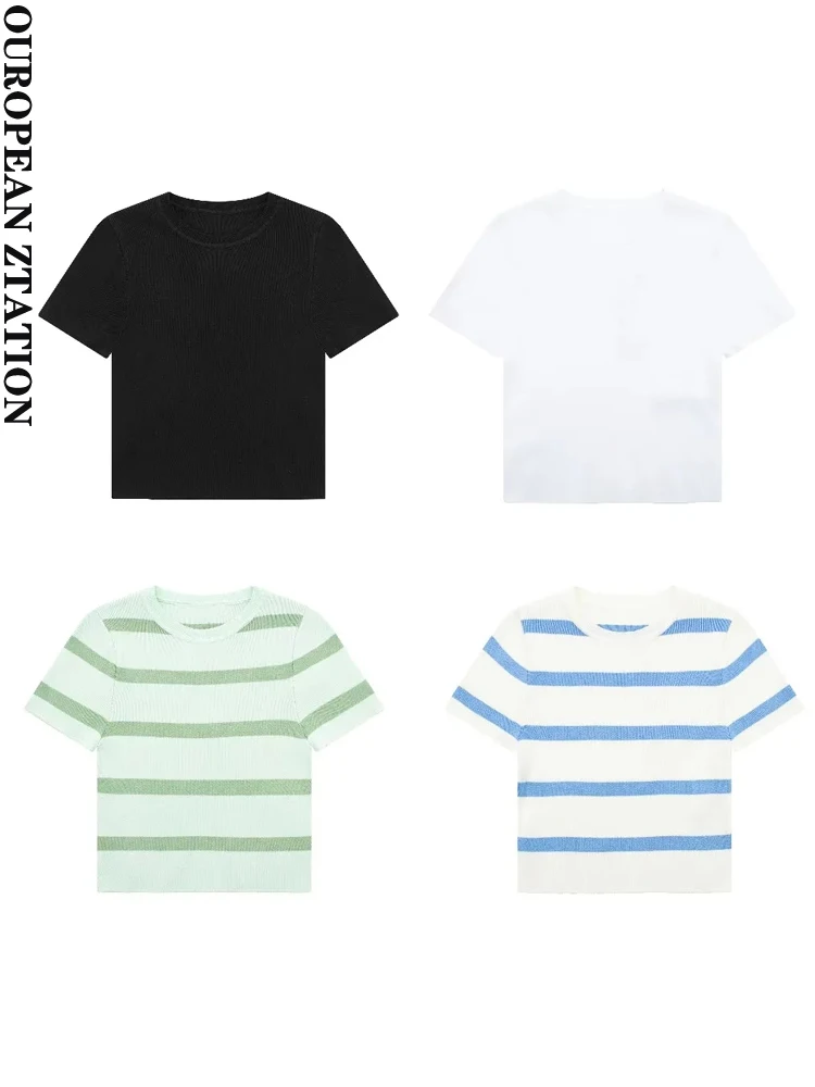 Женская модная базовая повседневная укороченная трикотажная футболка 2023, винтажные топы с круглым вырезом и коротким рукавом, футболки, шикарная одежда