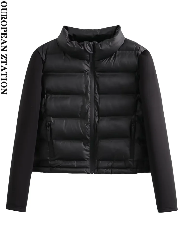 Женская модная контрастная куртка с пайетками 2023, толстая теплая парка, винтажное пальто на молнии с длинным рукавом, женская верхняя одежда, шикарные топы