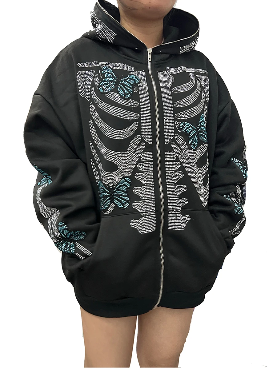 Женская модная толстовка со стразами Y2K Skeleton, Модная толстовка Оверсайз, куртка-толстовка с карманом на молнии