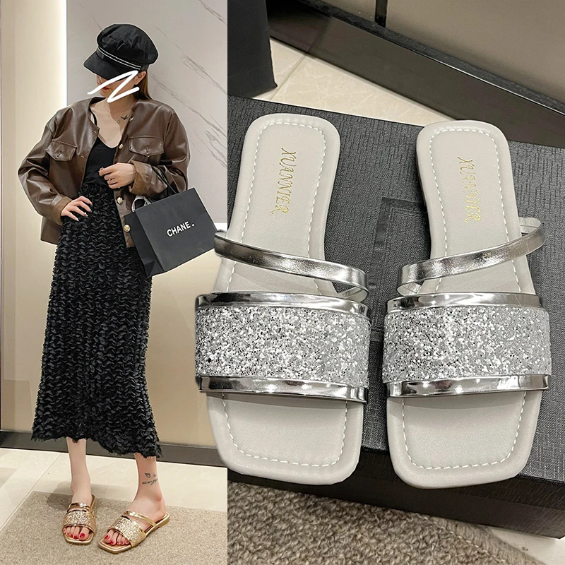 Женская обувь; Новинка 2023 года; Летние Модные шлепанцы на плоской подошве с бриллиантами; Женские шлепанцы Zapatos De Mujer из искусственной резины для помещений
