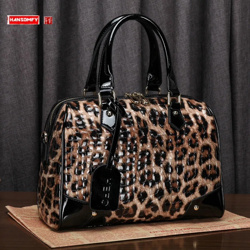 Женская сумка с леопардовым принтом, натуральная воловья кожа, Портативные женские сумки, сумка через плечо, сумки-тоут Большой емкости