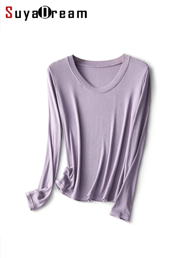 Женская футболка SuyaDream из смеси шерсти и шелка, Круглый вырез, Длинные рукава, Базовая футболка, Однотонная, Розовый, Белый, Осень, Зима