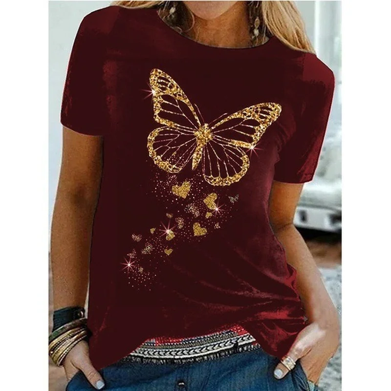Женская футболка с принтом золотой бабочки, короткий рукав, O-образный вырез, свободная женская футболка, женская футболка, топы, Camisetas Mujer