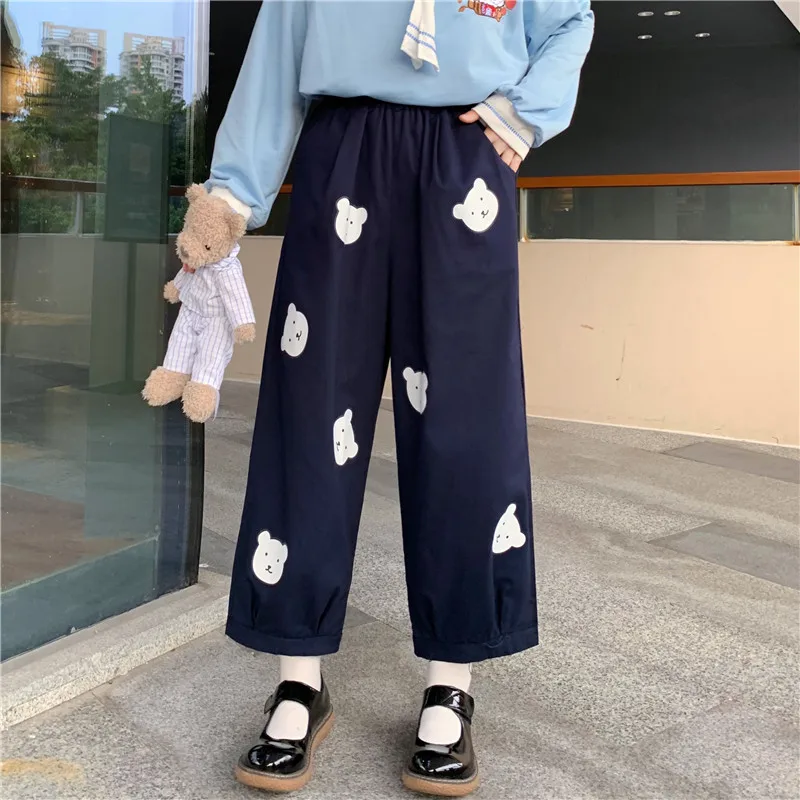Женские брюки Kawaii, брюки с милым медведем, Основа, Дикие Свободные брюки с высокой талией, Эластичный пояс, Повседневные модные брюки в японском стиле Харадзюку