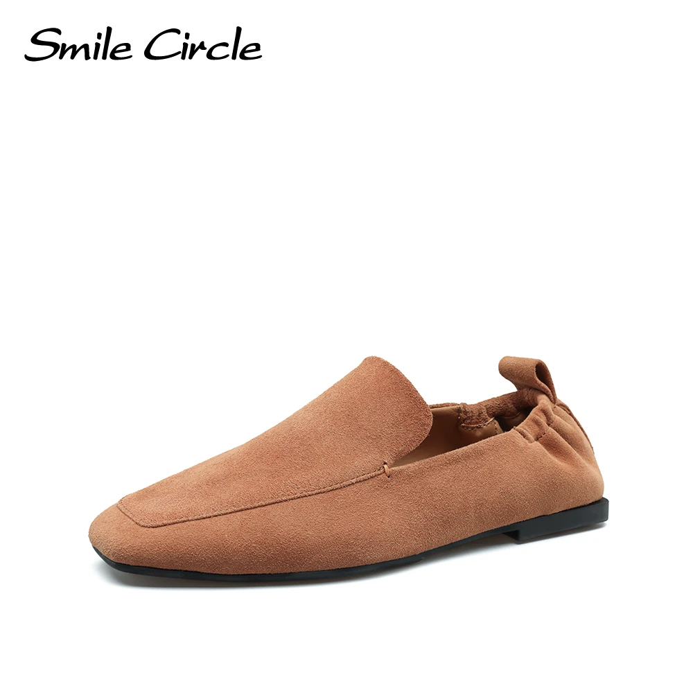 Женские лоферы Smile Circle из натуральной замши, туфли на плоской подошве без застежки с квадратным носком, модная удобная женская повседневная обувь