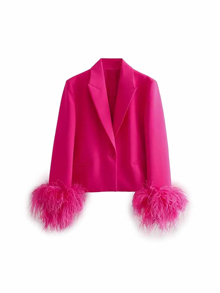 Женский новый модный укороченный блейзер на одной пуговице, украшенный пером, Винтажное пальто с длинным рукавом, Шикарная женская верхняя одежда
