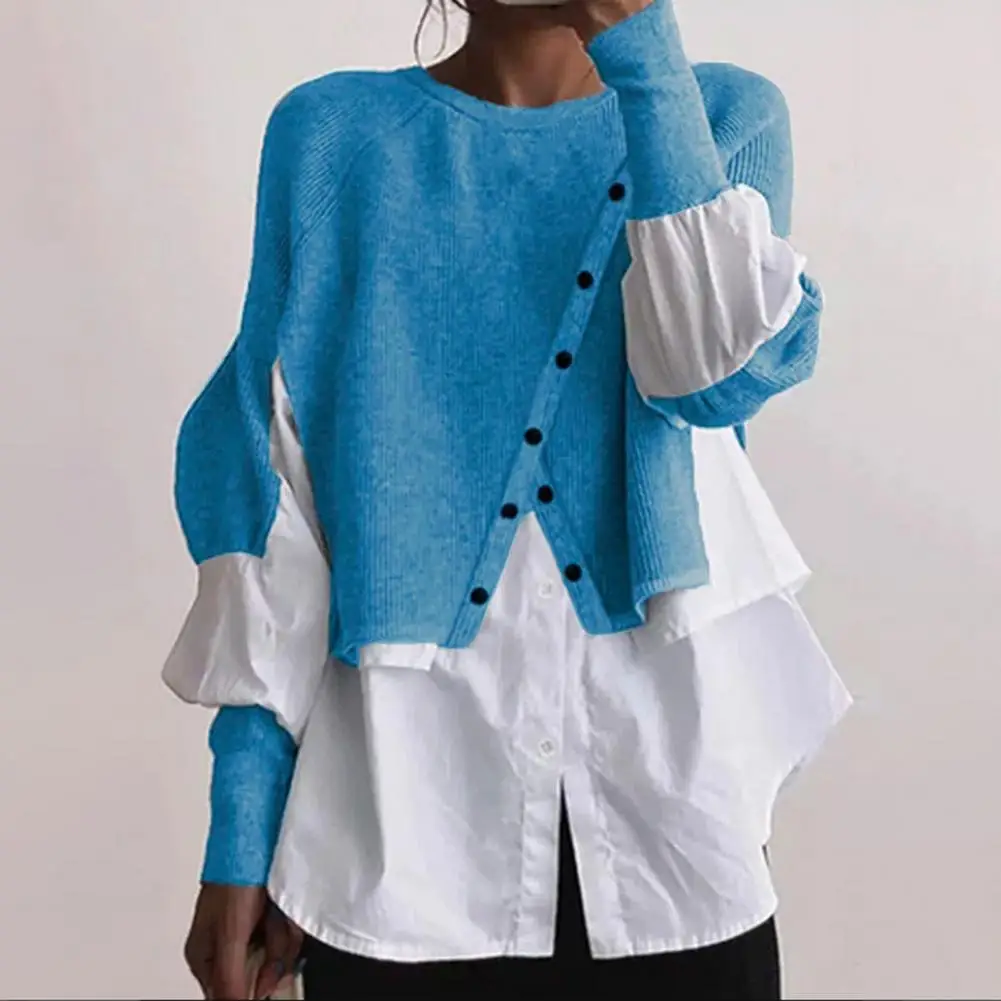 Женский осенний свитер С длинными рукавами, нерегулярное украшение на пуговицах, Рубашка, Свитер, Свободная Теплая блузка в стиле пэчворк с круглым вырезом, женская одежда