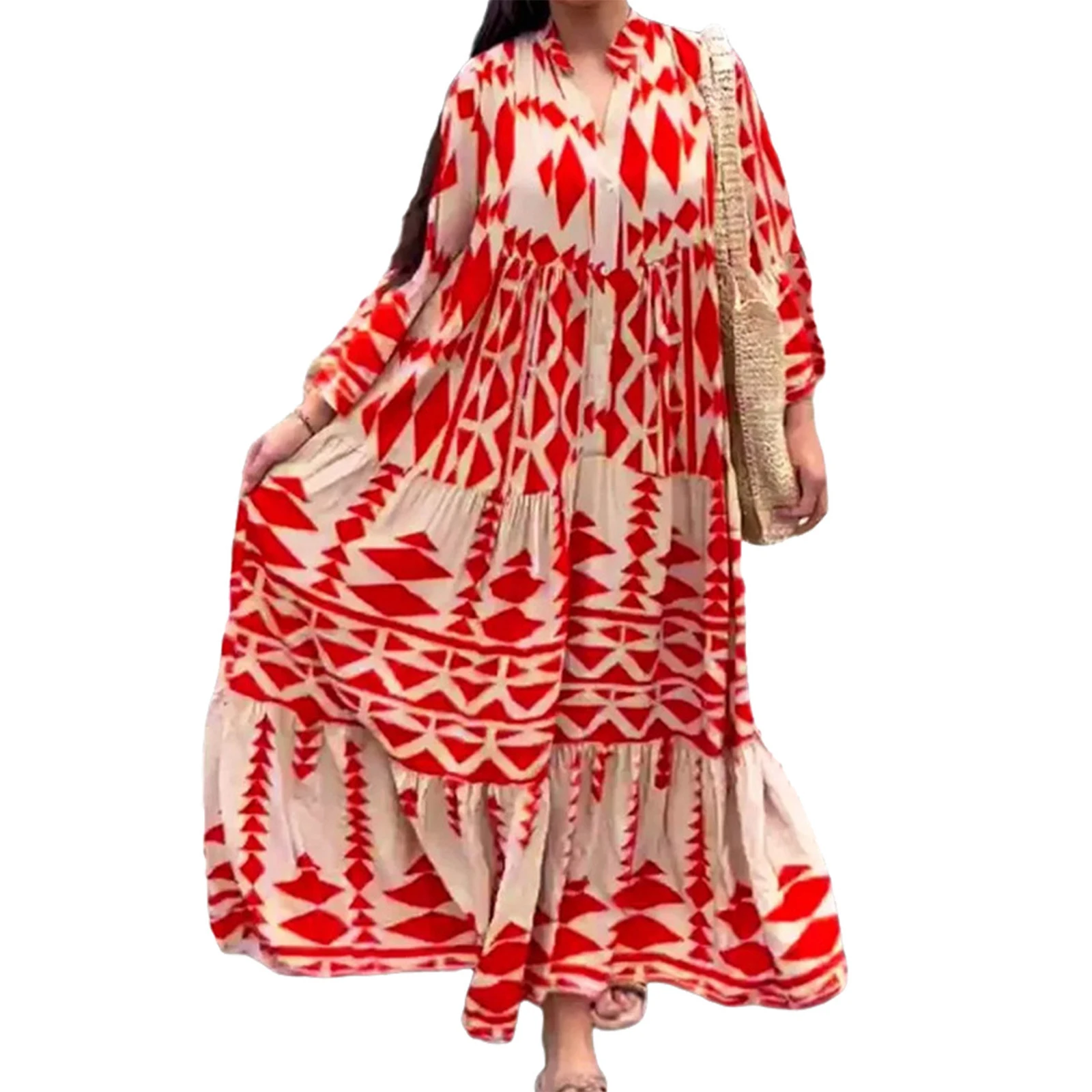Женское богемное длинное платье в стиле ретро с длинным рукавом на пуговицах и геометрическим принтом, платье Bohe, элегантное Свободное платье-качель для повседневной носки