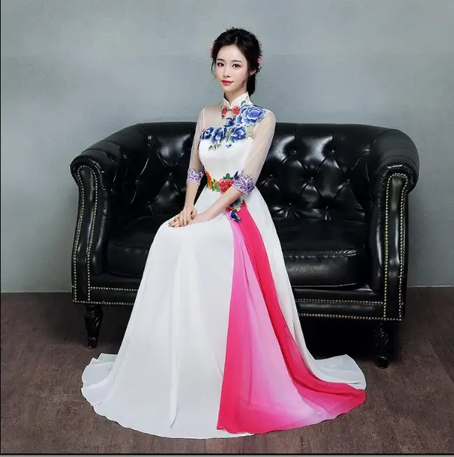 Женское Вечернее китайское платье с вышивкой, Белый Cheongsam Chipao, Длинный Летний этап улучшения