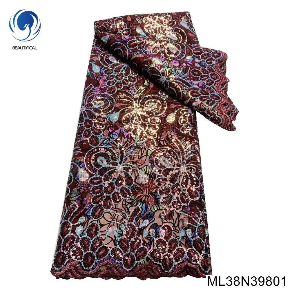 Женское любимое высококачественное сетчатое тюлевое кружево с вышивкой и африканскими блестками, кружевная ткань, вечернее платье ML38N398