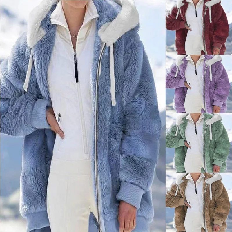 Женское Осенне-зимнее пальто, Женская модная куртка, Повседневное Мягкое флисовое плюшевое пальто с капюшоном, Пушистый топ на молнии из искусственного меха