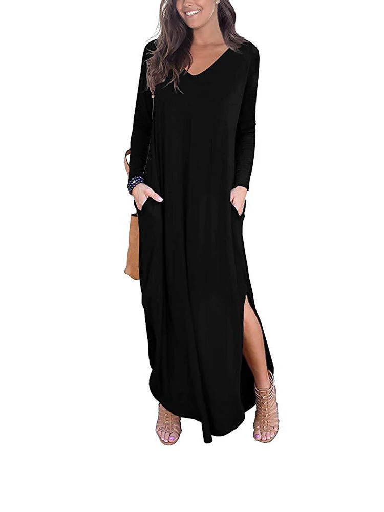 Женское Повседневное однотонное платье Макси с длинным рукавом и V-образным вырезом и разрезными карманами в пол на весну-осень