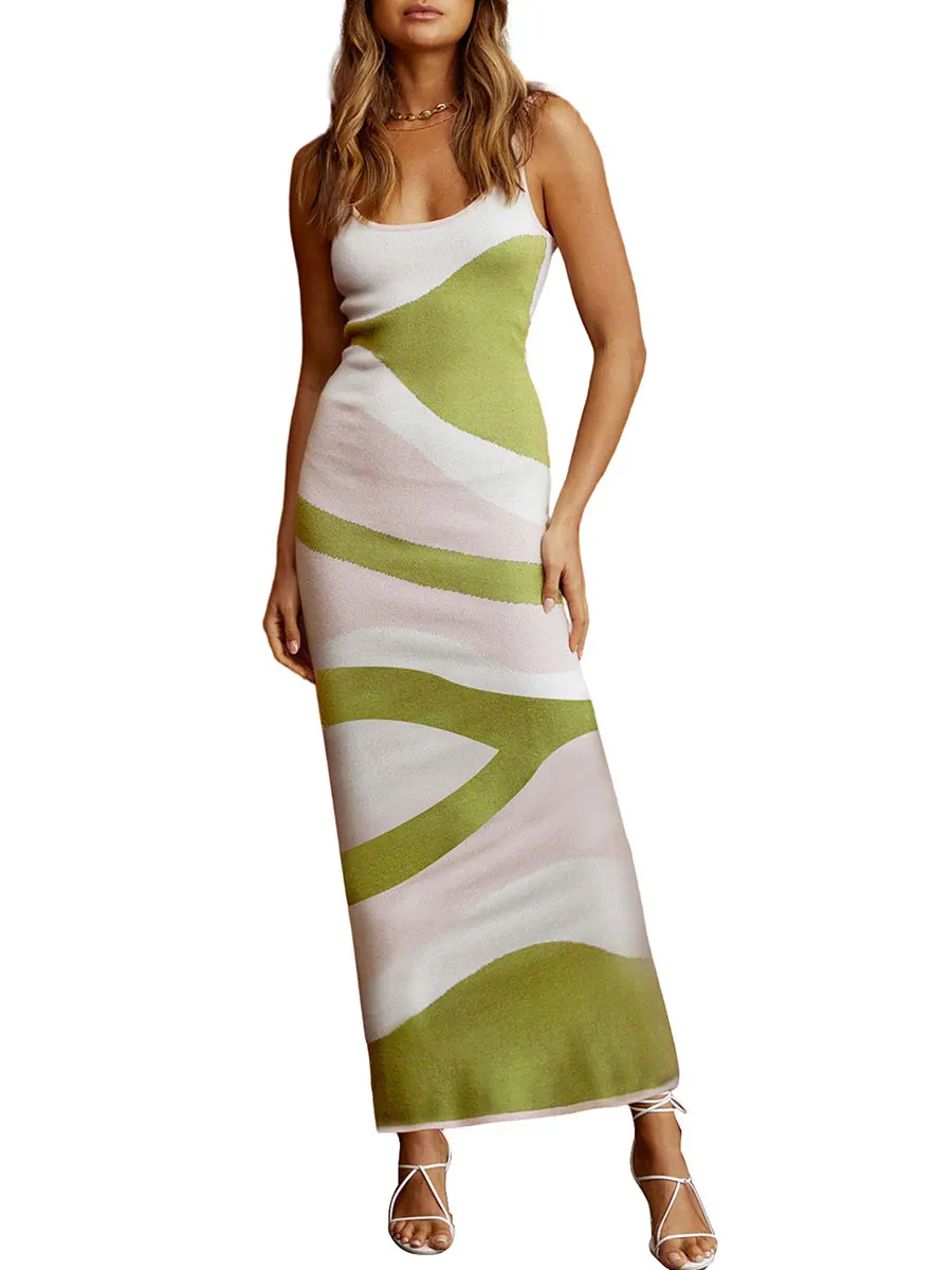 Женское Трикотажное Длинное платье без рукавов на бретельках контрастных цветов, облегающее платье с глубоким вырезом, открытое платье-свитер, Уличная одежда
