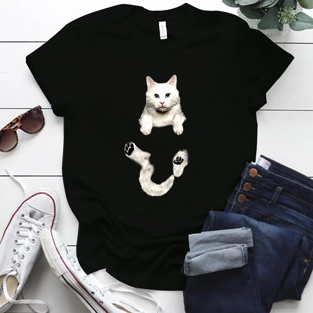 Забавная Женская футболка с Принтом Кота из Дыры, Короткий рукав, O-Образный Вырез, Свободная Женская футболка, Женская футболка, Топы Camisetas Mujer