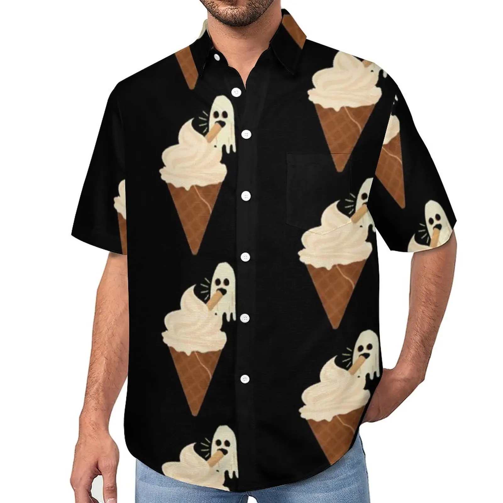 Забавные рожки для мороженого, Свободные Гавайские рубашки, Мужские пляжные рубашки с мультяшным рисунком, Повседневная уличная одежда Harajuku Оверсайз на заказ с коротким рукавом