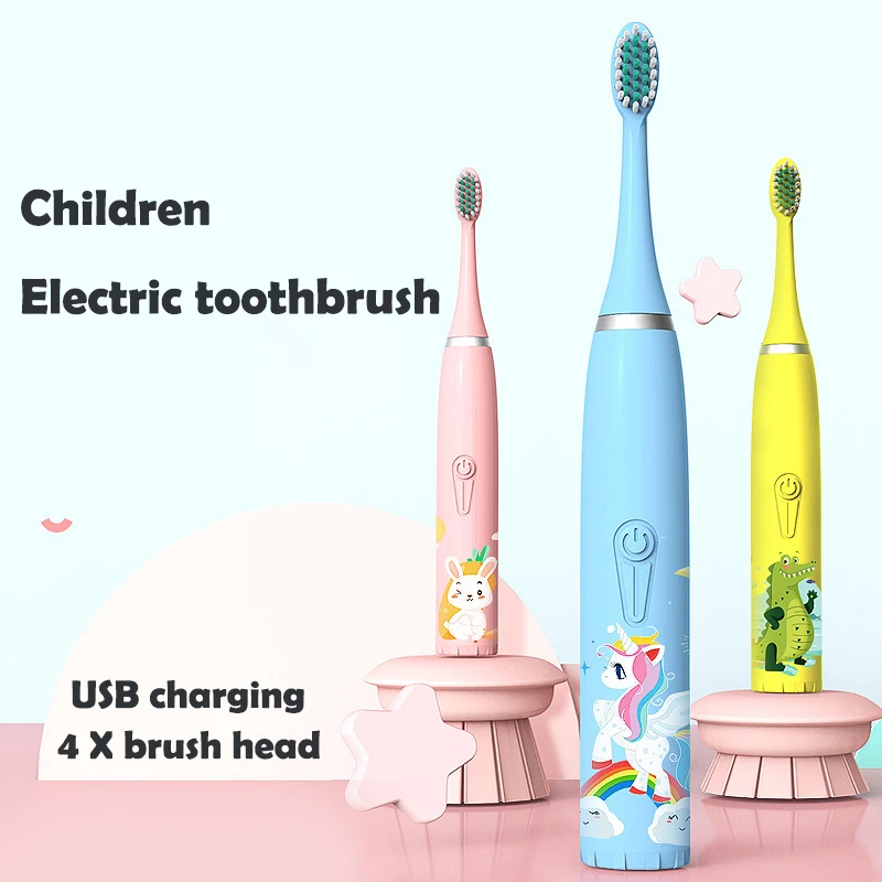 Звуковая электрическая зубная щетка для детей, чистка зубов, отбеливание, перезаряжаемая, водонепроницаемая, замените головку зубной щетки