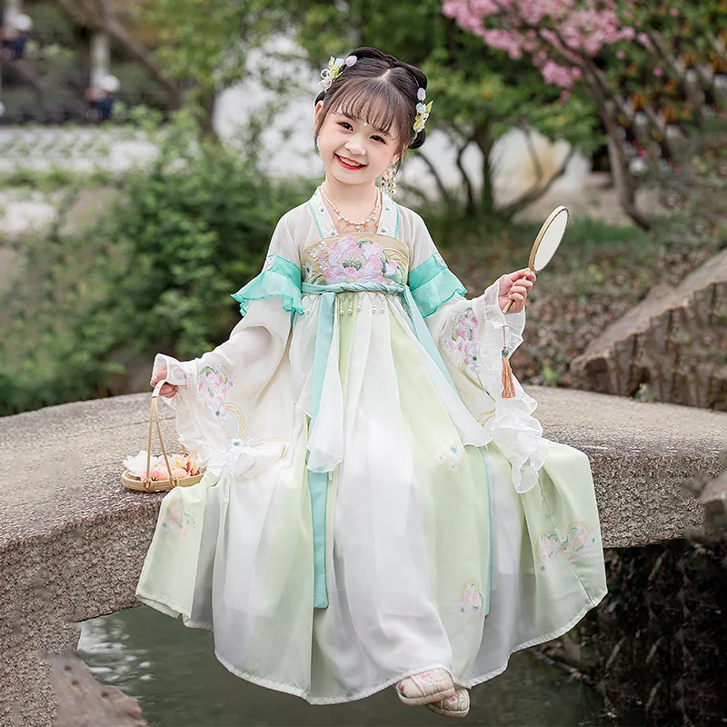 Зеленое платье Принцессы с цветочной вышивкой Hanfu для девочек, детское платье Принцессы в китайском стиле, Древний костюм