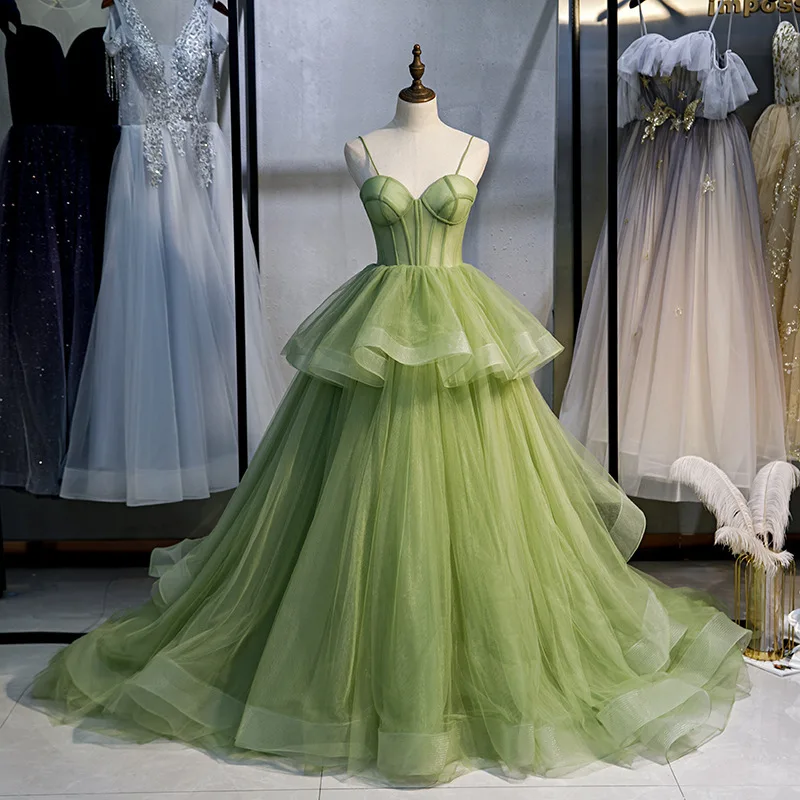 Зеленое сетчатое вечернее платье женское с шлейфом, элегантное праздничное платье Ципао в стиле принцессы без бретелек, банкетное платье знаменитостей