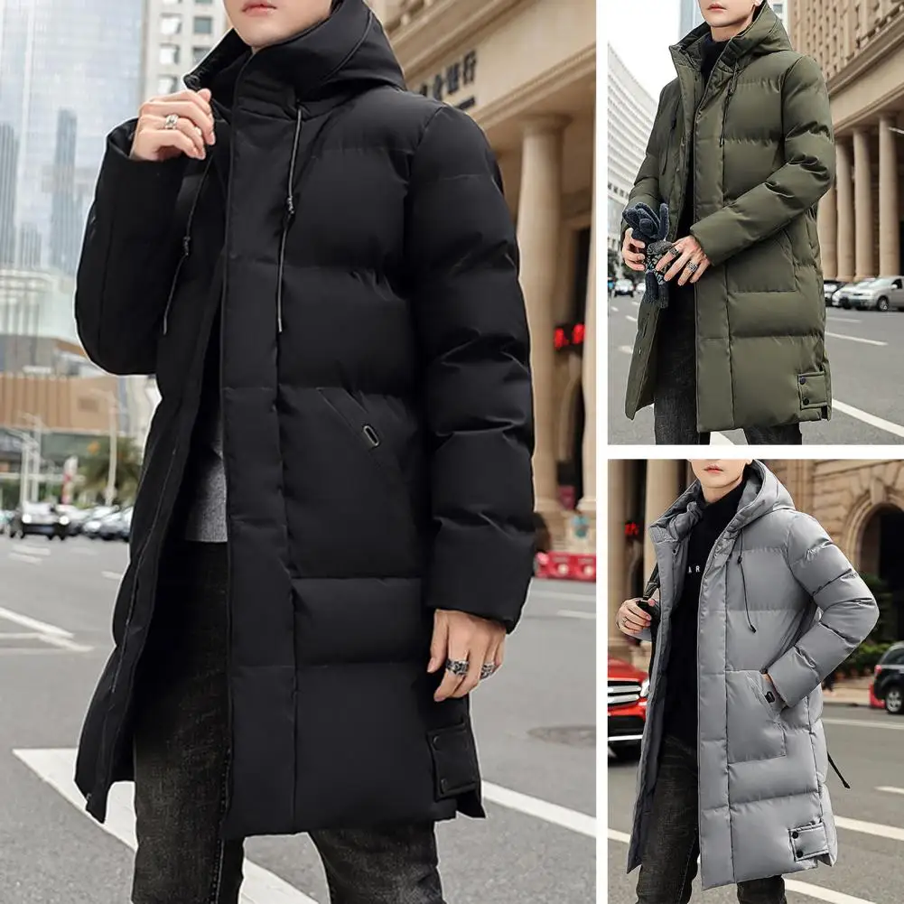 Зимнее пуховое пальто С капюшоном, Утолщенный однотонный кардиган на подкладке, сохраняющий тепло, длина миди, молния, Плюс Размер, Мужское зимнее пальто на каждый день