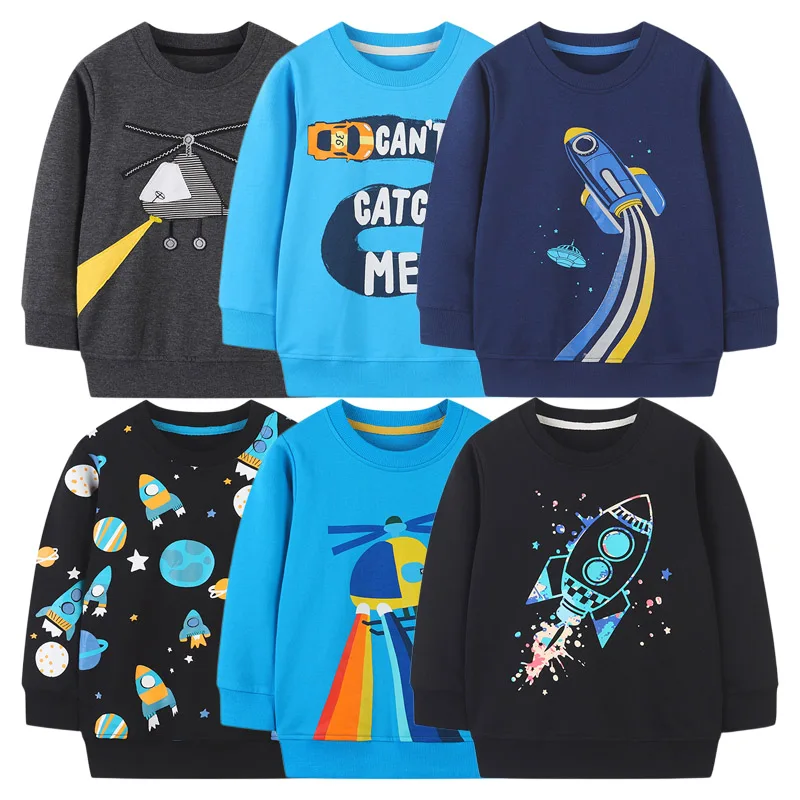 Зимняя одежда 2023 года, толстовки для мальчиков, футболка с рисунком ракеты с длинным рукавом для мальчика, джемпер с рисунком автомобиля и самолета, топ
