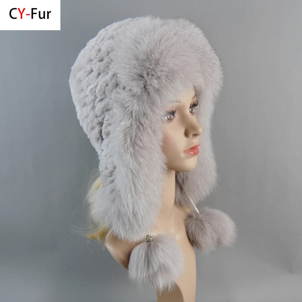 Зимняя шапка для женщин, Теплые вязаные шапки из натурального меха кролика Рекс с ушанками, сшитые вручную, Модная шапка-бомбер