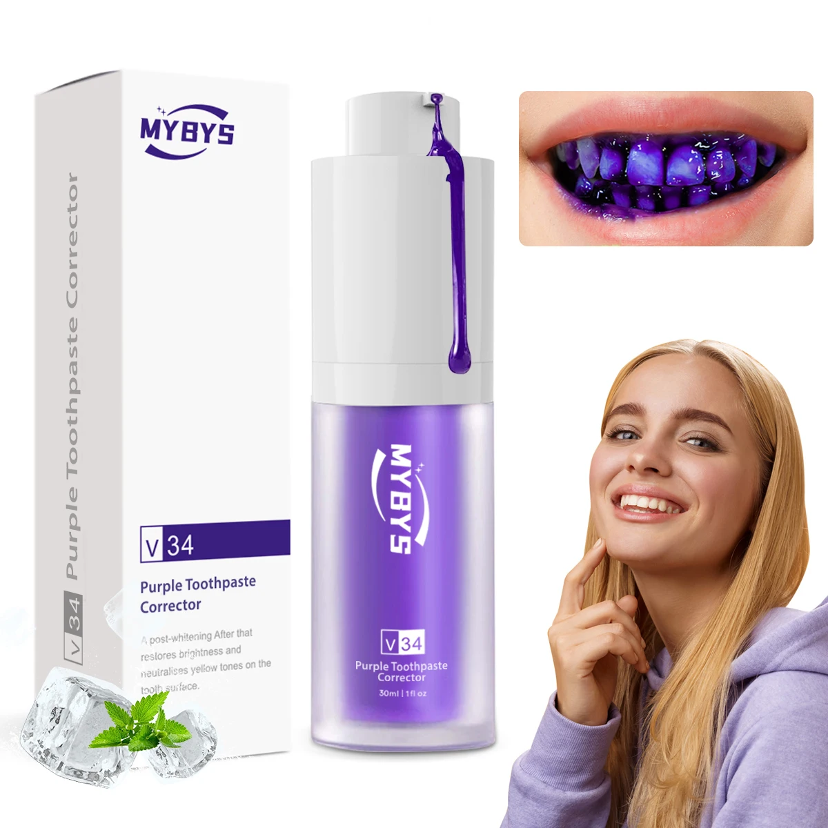 Зубная паста MYBYS V34, Мощная Отбеливающая Фиолетовая Зубная паста, Очищающая зубы, Свежее дыхание Для коррекции желтого цвета Стоматологических изделий