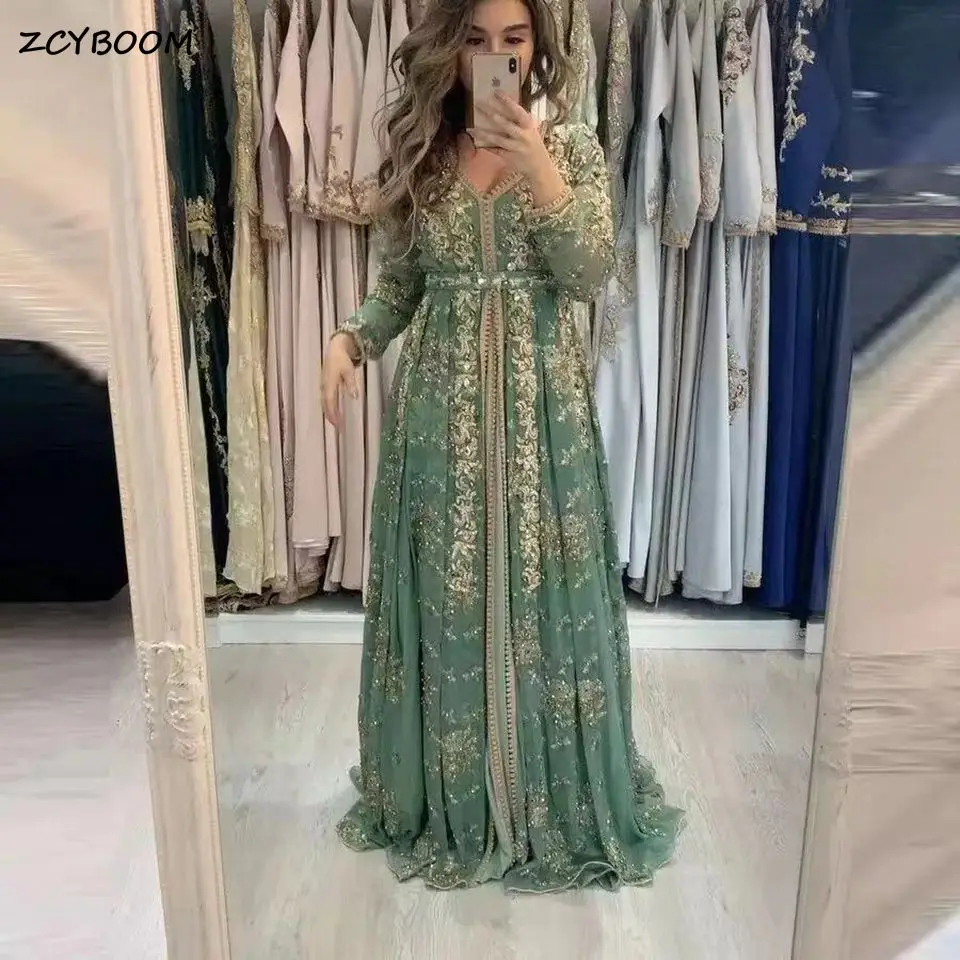 Изысканный Зеленый Марокканский Кафтан, Официальные вечерние платья 2023, Арабский Дубай, Длинные рукава, V-образный вырез, золотые аппликации, Вечерние платья для выпускного вечера