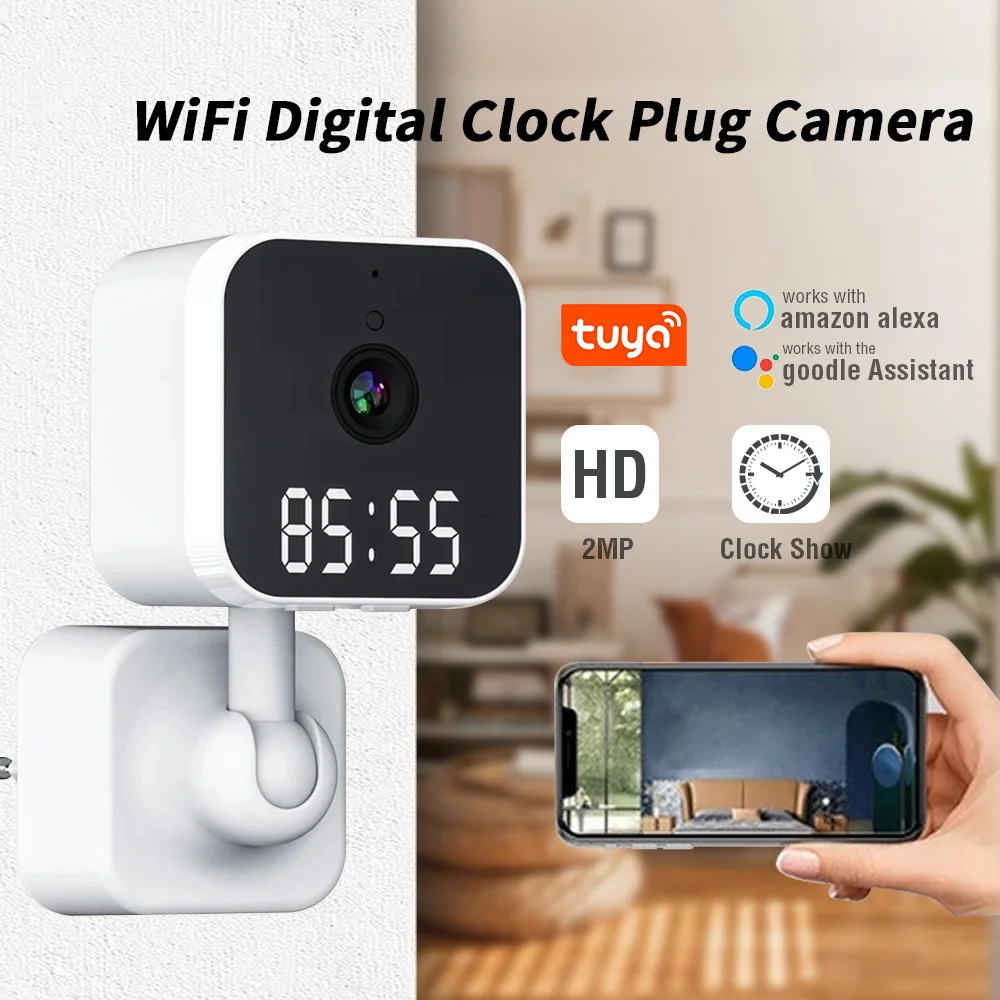 Камера с разъемом Tuya Wifi с цифровыми часами, домашняя безопасность высокой четкости, видеонаблюдение ночного видения, беспроводная вращающаяся IP-камера движения