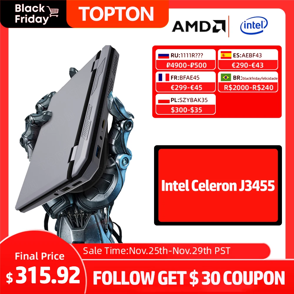 Карманные ноутбуки Topton Intel Celeron J3455 Высокопроизводительные 7-Дюймовые Портативные игровые консоли PC Windows 10 TF Card Mini Hdmi 2 * USB