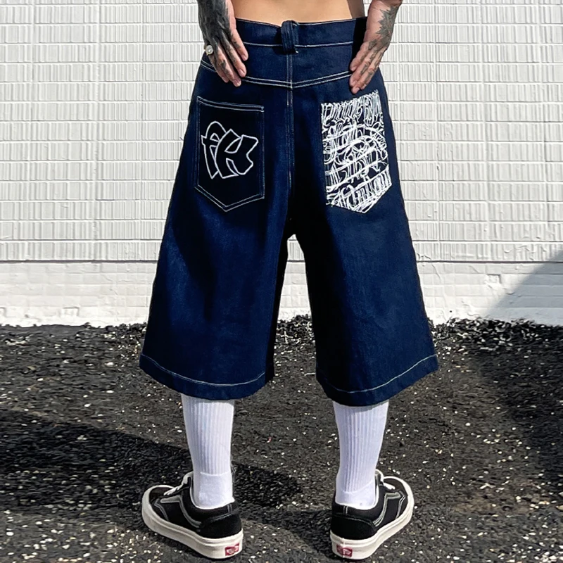 Карманы в стиле хип-хоп С вышивкой и буквенным принтом Джинсовые Шорты для мужчин Летние Ретро Негабаритные Широкие джинсовые брюки длиной до колена