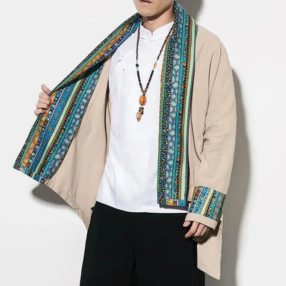 Китайский Стиль 2023 Новая Тибетская традиционная Этническая мужская Ретро вышивка, Сшитая из хлопка и льна, Верхняя рубашка контрастного цвета